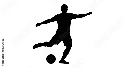 Silhouette of a soccer player kicking a ball with outstretched arms in a dynamic action pose on white