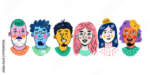 Colorful people face set. Funny portraits, modern abstract character in doodle style. Vector hand drawn illustration .VECTOR ICON