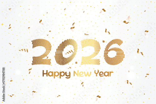 Postcard featuring the numbers 2026 with Happy New Year on a white background. Celebratory scene with gold confetti and stars. Vector illustration for greeting cards, invitations and banners.