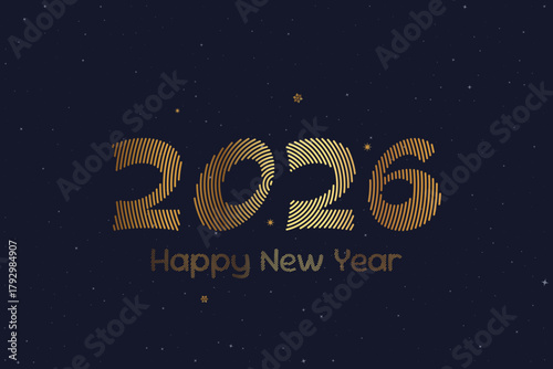 Happy New Year 2026 greeting card with golden numbers and decorative ribbon star on dark blue background. Luxury festive design for holiday celebration and banner. Flat vector illustration EPS10.