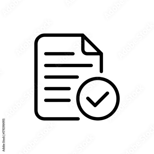 Minimalist black icon of a document with horizontal lines and a checkmark symbol indicating approval