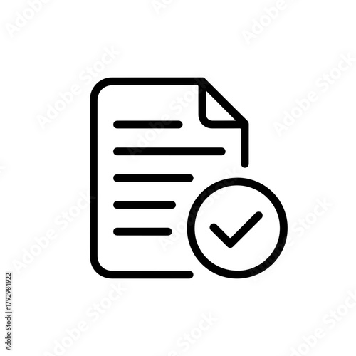 Minimalist black icon of a document with horizontal lines and a checkmark symbol indicating approval