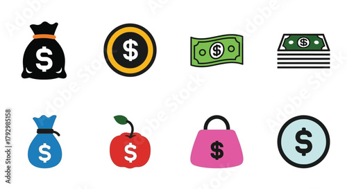 Various icons depicting money wealth and financial gain are shown