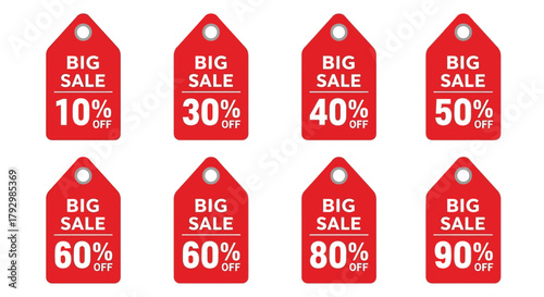 Red sale tags with varying discount percentages displayed prominently for retail promotions