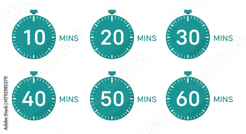 A series of teal stopwatches displaying different time intervals in minutes