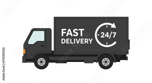 Black delivery truck displaying a fast 24 7 delivery service symbol