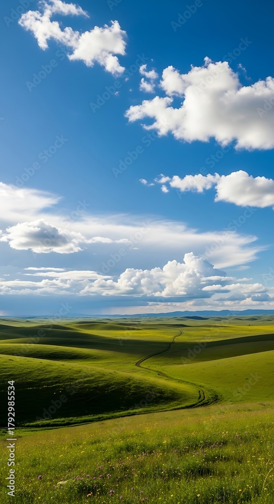 Fototapeta premium Rolling Green Hills Under a Bright Blue Sky with Fluffy Clouds.