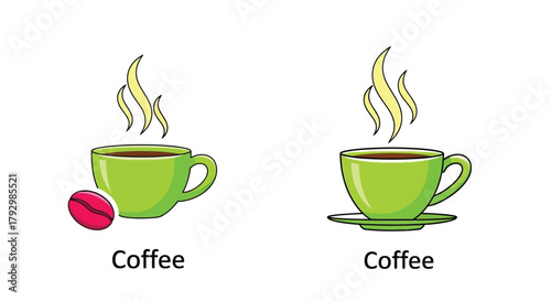 Two green cups of coffee with steam and a coffee bean illustration