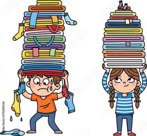 Funny cartoon children carrying huge stacks of colorful folded clothes, laundry day humor, teamwork, challenge, household chores, cleaning concept illustration
