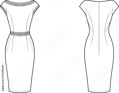 Elegant women pencil dress flat sketch, short sleeve belted bodycon design, front and back technical fashion drawing for apparel design illustration