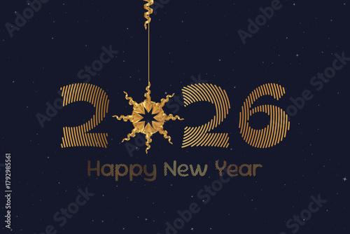 Happy New Year 2026 greeting card with golden numbers and decorative ribbon star on dark blue background. Luxury festive design for holiday celebration and banner. Flat vector illustration EPS10.