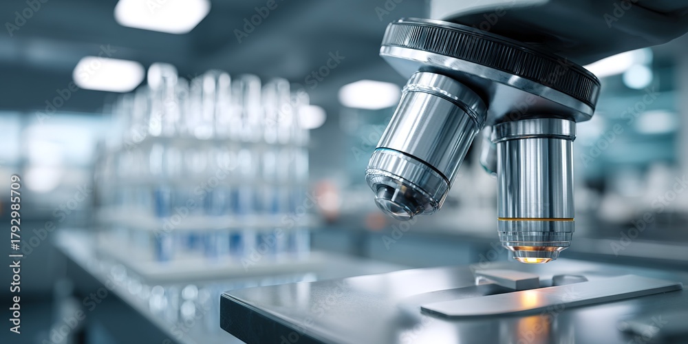 Fototapeta premium Advanced microscope in a modern laboratory focusing on a glass slide with specimen during scientific research