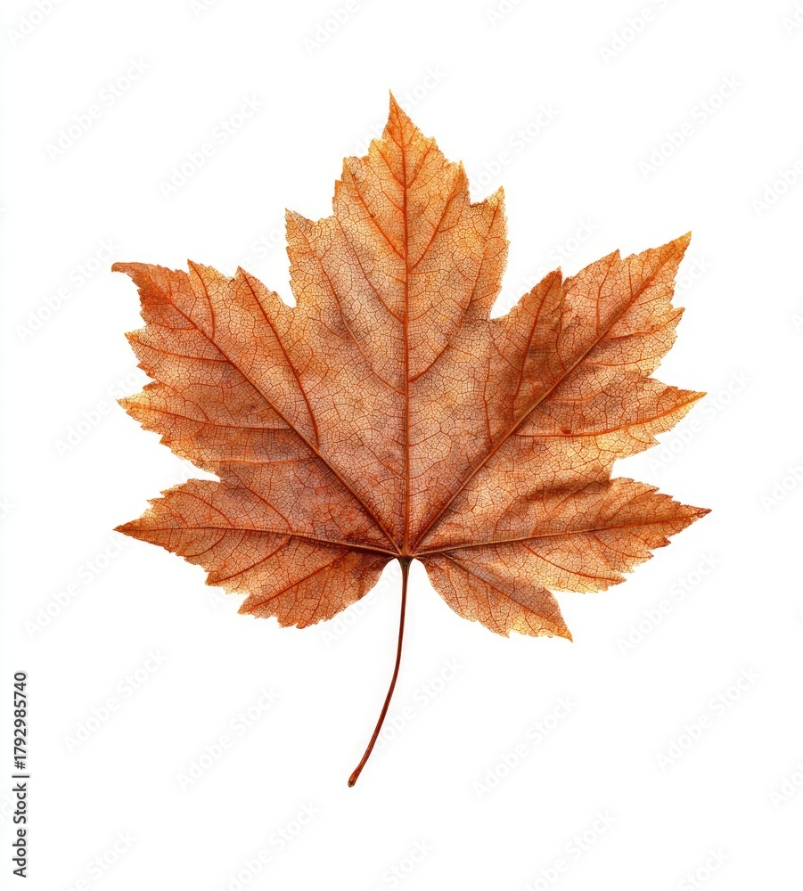 Fototapeta premium Isolated close-up of a vibrant brown maple leaf with intricate veins and a stem