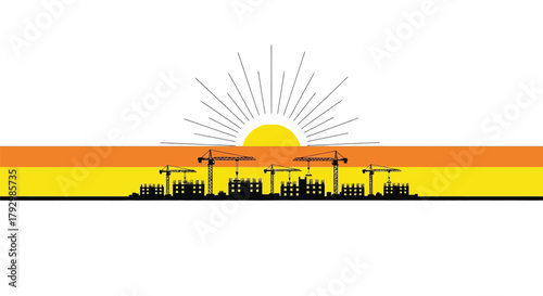 A stylized depiction of a cityscape with cranes and a rising sun