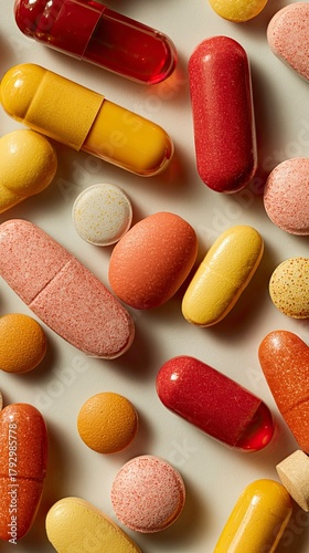 Colorful Assortment of Capsules and Tablets on Light Background