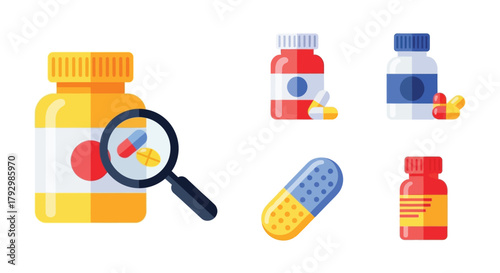 Various medication bottles pills and a magnifying glass are displayed