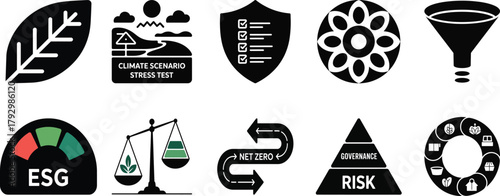 Monochromatic icon set for environmental, social, and governance (esg) principles: climate stress tests, net zero, risk, sustainability and compliance.
