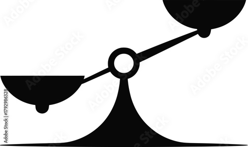Classic balance scale icon with one pan descending, symbolizing concepts of inequality, justice, measurement, decision, weight, and fair judgment.