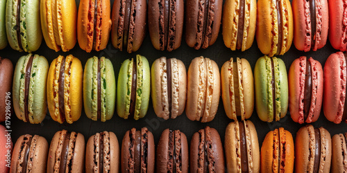 Delicious colorful macarons artfully arranged in rows, a vibrant and tempting gourmet dessert display perfect for culinary inspiration and sweet treats