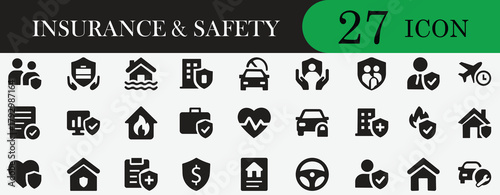 Insurance and Safety Solid Icon Set. Containing protection, security, coverage, home, health, and car symbols. Editable vector icon for insurance apps, UI/UX design, and risk management.