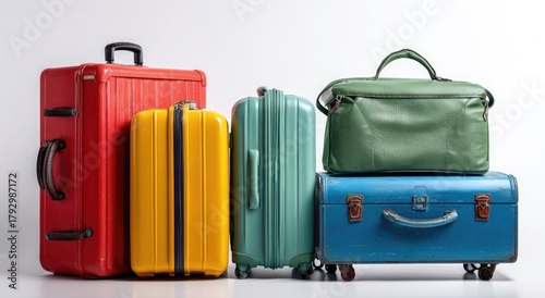 Group of various colored luggage pieces against a white backdrop, ready for travel