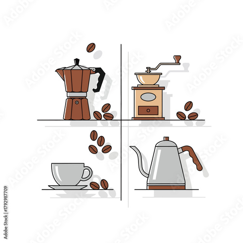 Minimalist Line Art Coffee Maker and Grinder Utensil Illustration