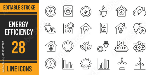 Line icons set for energy efficiency, editable stroke, renewable power, eco-friendly electricity, smart technology, sustainability, solar, wind, green home illustration
