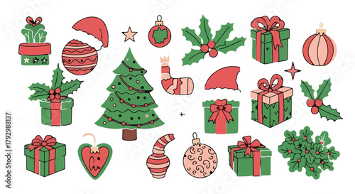 Christmas Tree, Ornaments, and Holiday Icons Clipart Set
