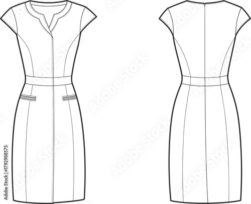 Elegant women’s dress fashion flat sketch, technical drawing, short sleeve sheath dress design, apparel CAD template, vector illustration for clothing design presentation