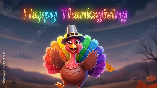 Animated turkey with vibrant rainbow feathers dancing in falling autumn leaves under neon glowing happy thanksgiving sky