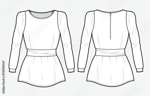 Peasant tops front and back view mockup template vector design technical illustration.