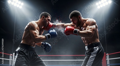 Two boxers in a boxing ring throwing punches at each other during a match under bright stadium lights.