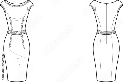 Elegant women’s fitted sheath dress technical flat sketch, short sleeve with waist belt, bodycon silhouette, back zipper, fashion design template illustration