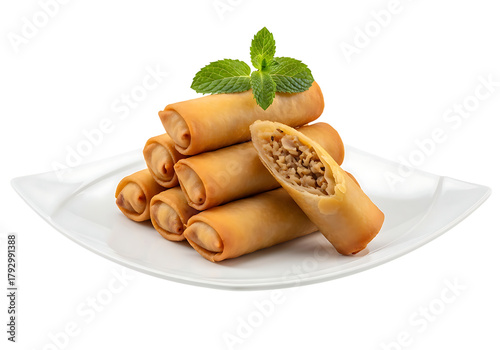 Golden brown crispy spring rolls stacked on a white plate garnished with fresh mint isolated on transparent background