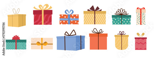 Collection of a various gift boxes with a bows. Flat vector illustration isolated on a white background