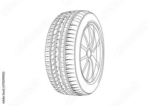 Car tire line art illustration with tread and rim detail isolated on white background.
black and white car tire vector line art outline graphic, detailed line art, minimalist tire icon,