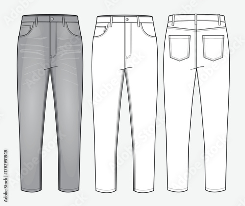 Women skinny denim pant front and back view design technical flat sketch vector mockup template.