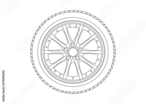 Car tire line art illustration with tread and rim detail isolated on white background.
black and white car tire vector line art outline graphic, detailed line art, minimalist tire icon,