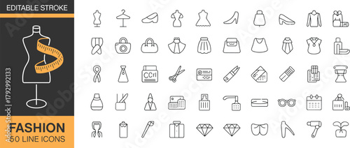 Fashion line icons set, editable stroke, dress form mannequin with measuring tape, clothing accessories, makeup and jewelry symbols, boutique style, vector illustration