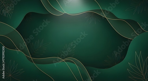 Abstract dark green background with flowing golden lines and subtle leaf outlines.