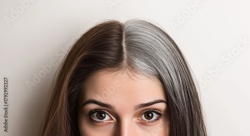Young woman showcasing a striking contrast of brown and silver hair.
