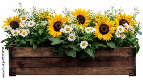 Wooden planter box filled with sunflowers and daisies.