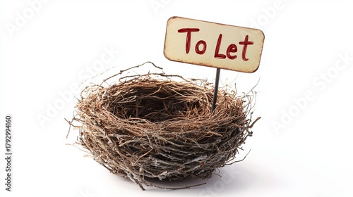 A rustic bird's nest with a To Let sign, symbolizing new beginnings.