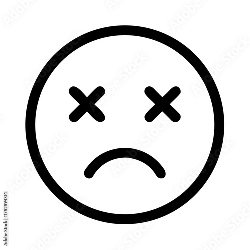 Minimalistic black-and-white illustration of a face with X-shaped eyes and a frowning mouth, conveying a sense of distress or exhaustion.