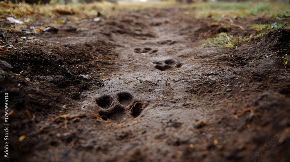 Fototapeta premium Natural animal paw prints deeply imprinted in the damp dark earth of a forest trail showcasing the subtle passage of wildlife