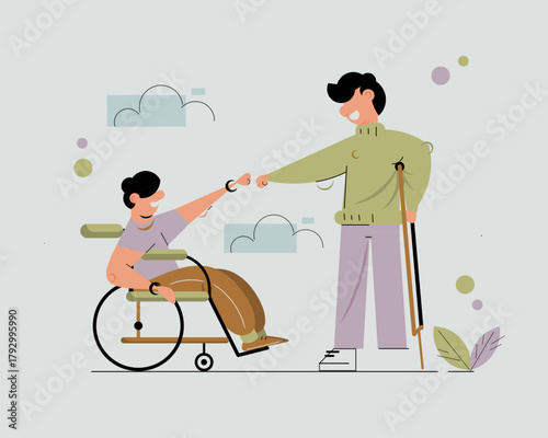 Illustration of two disabled friends, one in a wheelchair and one with a crutch, fist bumping and smiling, symbolizing support, friendship, and inclusivity.