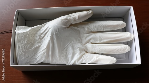 A close-up of a single white latex glove inside an open box.
