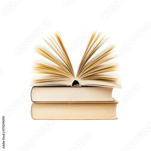 Stack of books with an open book on top