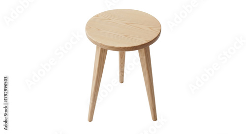 Isolated wooden stool with round top and three legs, modern furniture and decor piece
