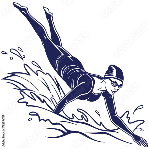 Female Athlete Swimmer, Butterfly Stroke Shadowed Illustration